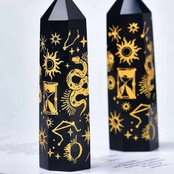 New Natural Obsidian Carved Artisan Sun 24k Gold Tower Point Crystal Decoration - Picture 4 of 16